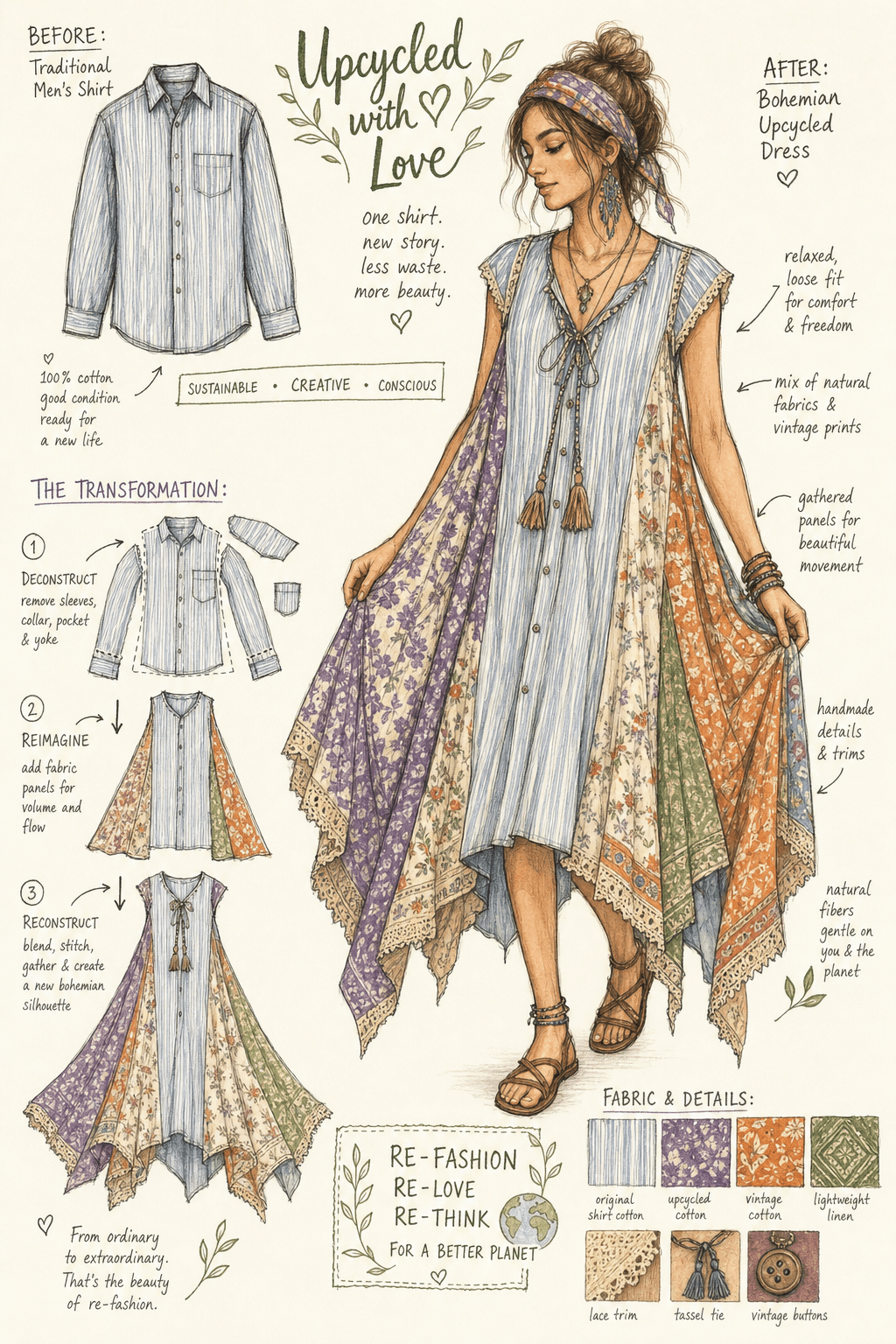Sketch of hippy-style dress from upcycled shirt, bohemian design