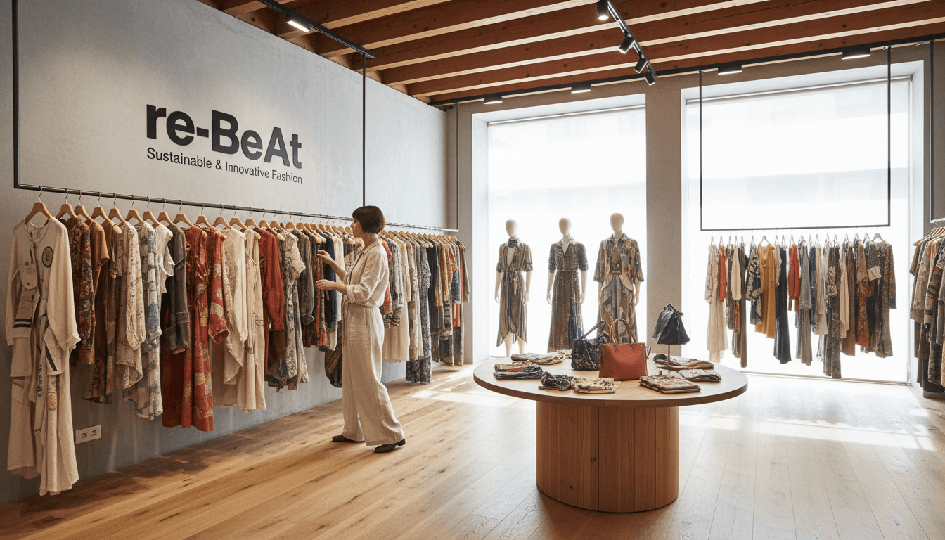 Woman browsing organized clothing rack in bright, modern retail showroom with natural light and neatly displayed fashion items