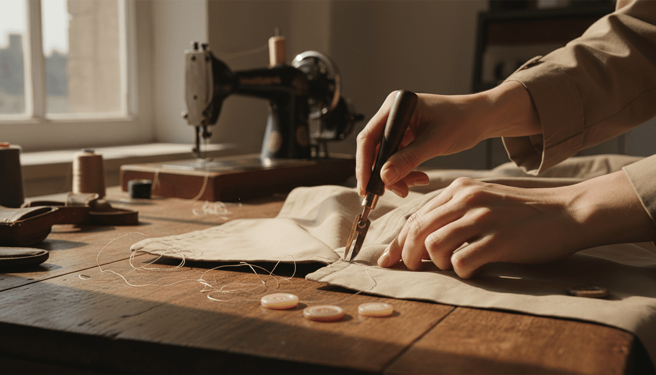 Mani che scompongono un cappotto vintage su un tavolo di legno